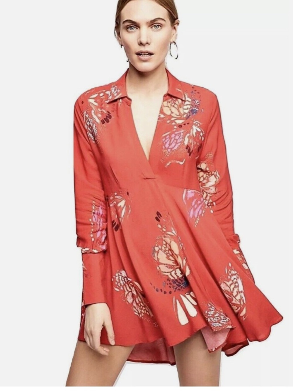Free People Field of Butterlies Red Long-Sleeve Floral Tunic